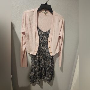 Wallflower Pink Cardigan and Black Floral Dress